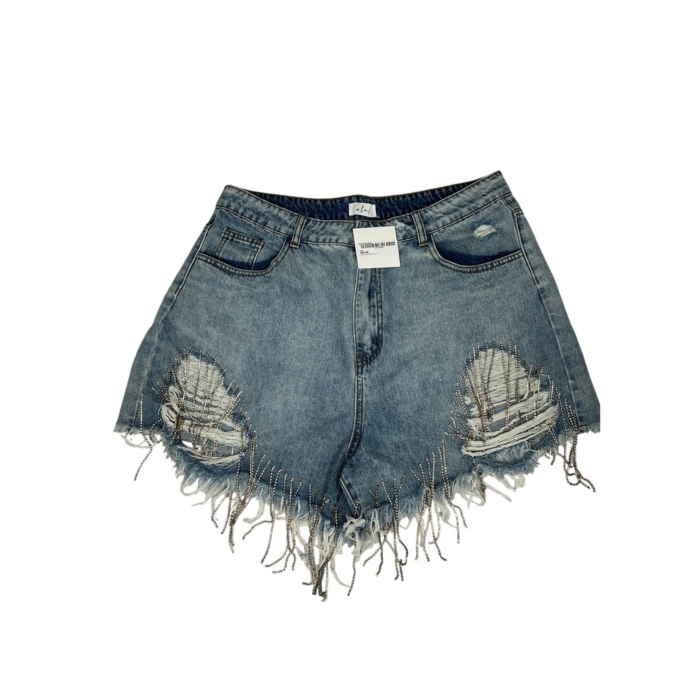 Hen & Hay Diamond Glitz Distressed Rhinestone Fringe Denim Shorts Light Wash XL